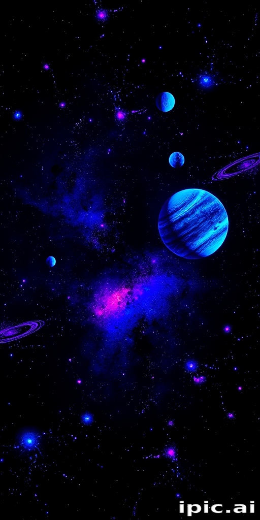 Blacklight reactive space scene covering full back, planets and nebulae glowing vividly under UV light, otherwise subtle gray tones