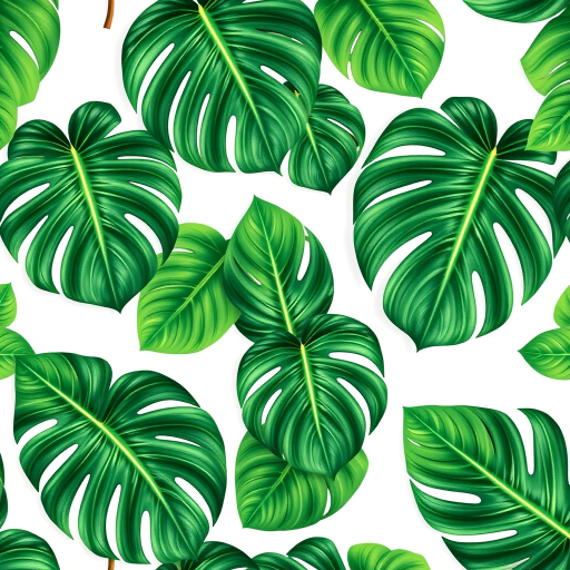 Generate a seamless pattern of tropical monstera leaves on a white background, using a DSLR camera with a 50mm lens, f/2.8 aperture, ISO 100, and shot from a top-down view to capture intricate details and vibrant colors.