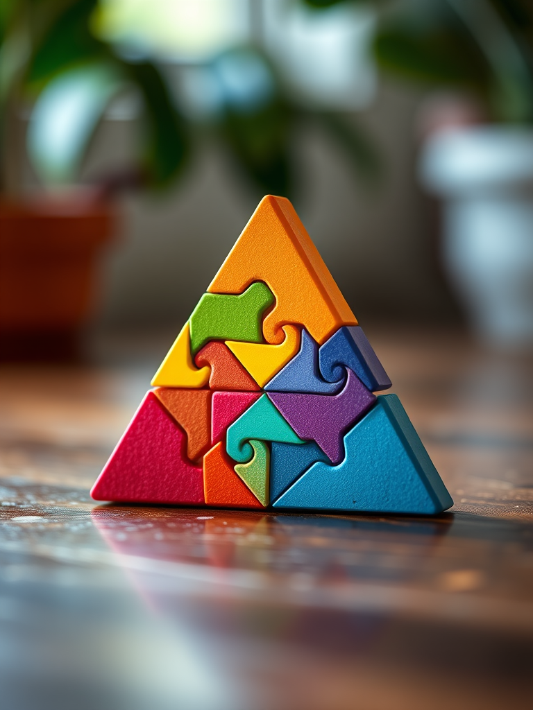Create a high-resolution image of a colorful tangram puzzle shaped like a triangle, featuring vibrant colors in each segment, with a soft focus background, taken with a DSLR camera at f/2.8, ISO 100, and a focal length of 50mm.