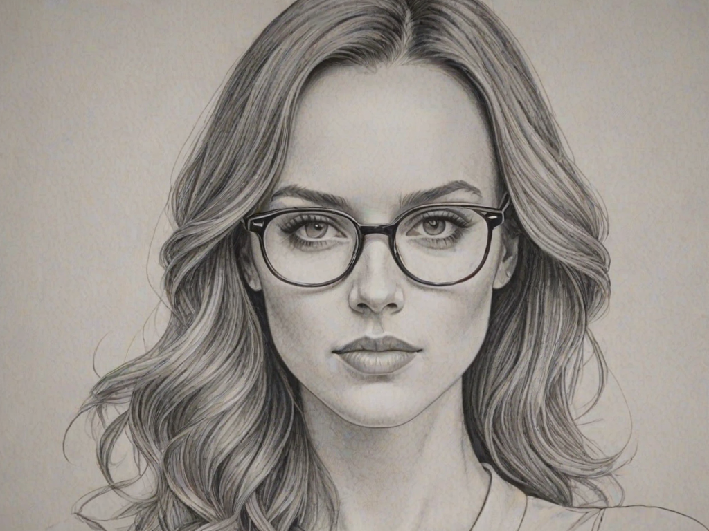 Resplendent Jessica McNamee, pencil sketch, portrait of Beauteous woman 1975s in glasses, hair style beatnik, outline, clear lines, fine lines, 8k