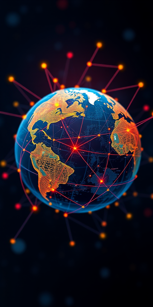 Create a high-resolution image of a stylized globe representing a global network with interconnected lines and nodes, using a Canon EOS R5 with a 50mm lens, aperture set to f/2.8, ISO 100, with the view from slightly above, in a vibrant color palette.