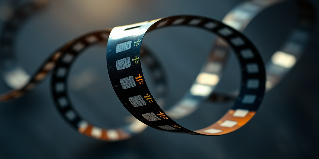 Generate an image of a twisted film reel flowing gracefully with realistic shading and highlights, captured with a DSLR camera, 50mm lens, f/1.8 aperture, ISO 100, natural lighting, and a shallow depth of field for enhanced details.