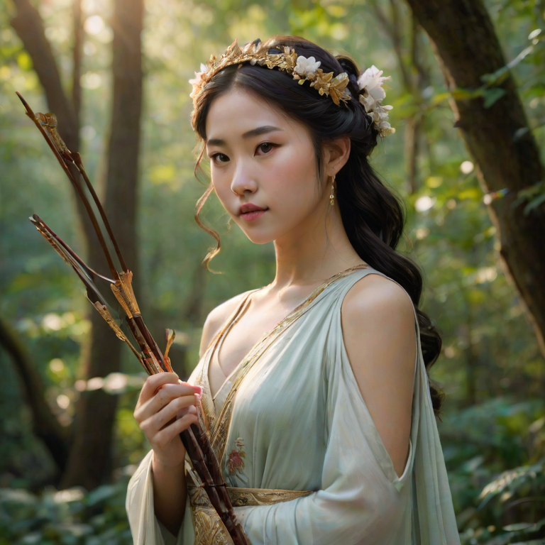 Create a portrait of a goddess-like Chinese girl figure in a tranquil, forested environment. She has an elegant appearance with long, wavy hair styled in an updo and adorned with a delicate, floral headband. She wears a flowing, ancient Greek-inspired gown in a soft, pale color, featuring a one-shoulder design and draped fabric that accentuates her graceful form. The outfit includes a decorative belt with ornate gold detailing, and she holds a bow in her hand, with a quiver of arrows slung over her shoulder. The background depicts lush greenery, with sunlight filtering through the trees, casting a gentle, ethereal light on the scene. Her expression is calm and contemplative, embodying a sense of wisdom and serenity.
