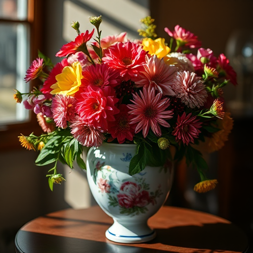 highly detailed still life of a vibrant floral arrangement in a classic porcelain vase illuminated by soft natural light, 50mm lens, f/2.8 aperture, ISO 100, shallow depth of field, shot in a dark environment to enhance colors, digital camera style