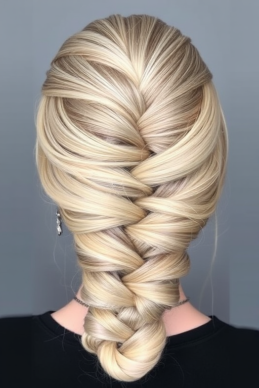 Elegant ash blonde French twist with silver lowlights, created by Greta Silverstone, exhibiting a smooth, polished finish and intricate braided details wrapped around the base