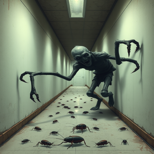 a crooked male with long arms and a creepy smile is crawling along a long white corridor and you can also see cockroaches in it there is a creepy atmosphere creepy art style