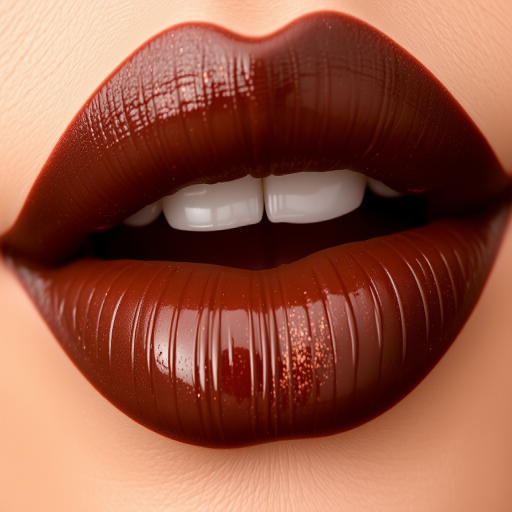 Rich chocolate brown lips with a glossy finish, "Mocha Decadence" showcases a deep, warm tone with a hint of golden shimmer for a luxurious look
