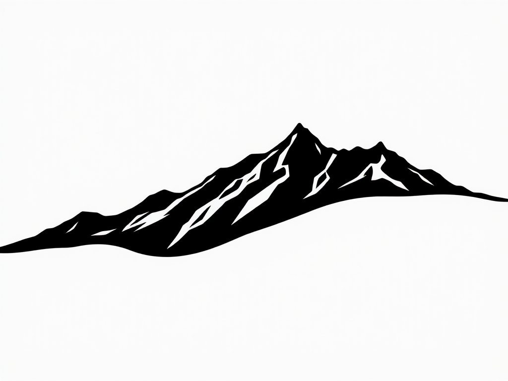 Create a high-resolution minimalist black and white line drawing of a stylized mountain silhouette against a plain background, shot with a DSLR camera at f/8 aperture, ISO 100, 50mm lens, natural lighting, and a slight overhead angle to enhance depth and detail.
