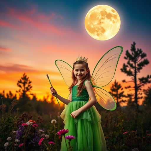 A vivid photo  taken under a bright camera flash of a fantastical scene set against a backdrop of a forest during sunset. The main subject is a girl dressed as a fairy, adorned with translucent wings and a green dress, holding a wand, her face is happy, and she wears a crown on her head. The forest behind her is a blend of flowers, shrubs and trees. The sky is painted in hues of orange and pink, with a large, glowing moon casting a warm glow over the scene. The overall color palette is dominated by earthy tones.