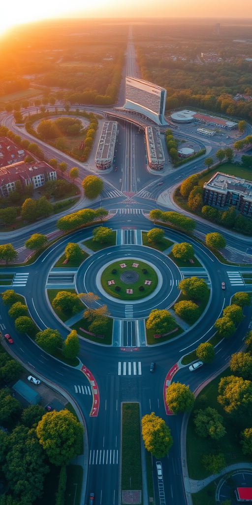 Aerial view of a roundabout with surrounding roads, green trees, and buildings, shot with a Canon EOS 5D Mark IV, 24mm lens, f/8 aperture, ISO 100, at sunrise for optimal lighting and contrast.