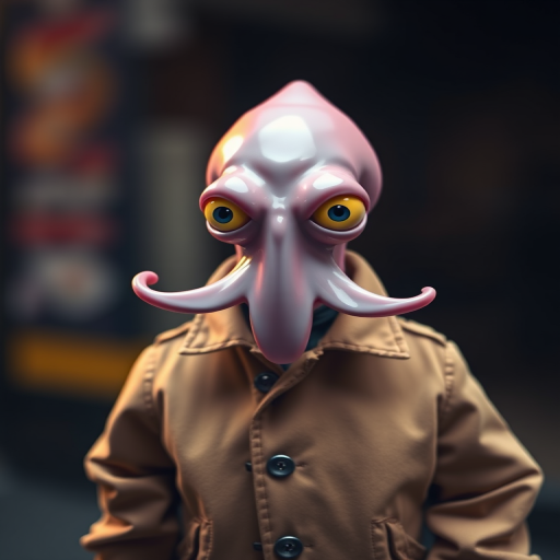 Create an image of a stylized squid character wearing a trench coat, captured in high resolution with a shallow depth of field, 85mm lens, f/1.8 aperture, soft studio lighting, shot in portrait orientation using a full-frame DSLR camera.