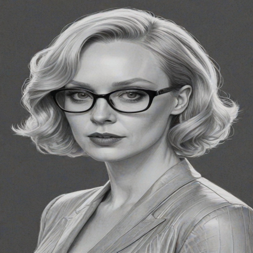 Bewitching Gwendoline Christie, pencil sketch, portrait of Exquisite woman 1962s in glasses, hair style beatnik, outline, clear lines, fine lines, 8k