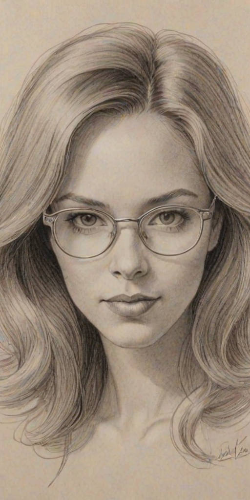 Delightful Den'e Benton, pencil sketch, portrait of Enchanting woman 1974s in glasses, hair style beatnik, outline, clear lines, fine lines, 8k