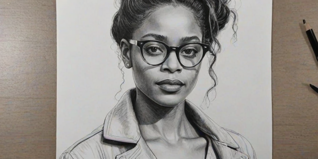 Enchanting Lakeith Stanfield, pencil sketch, portrait of Ravishing woman 1921s in glasses, hair style beatnik, outline, clear lines, fine lines, 8k