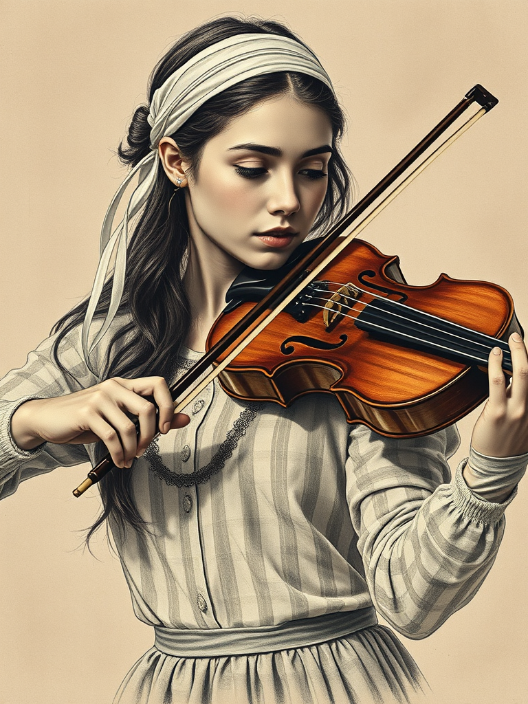 a young Georgian woman with a white headband playing a violin, in the style of a charcoal drawing, sepia grunge background