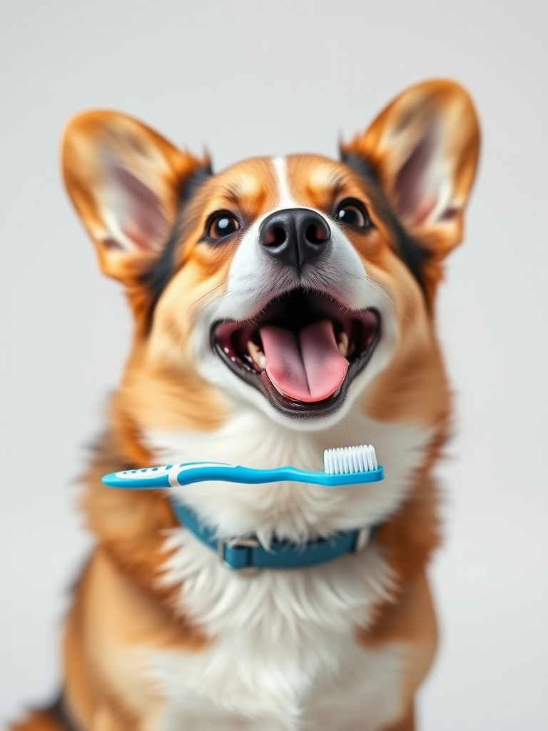 A cheerful corgi holding a toothbrush in its mouth, high detail, soft focus background, 50mm lens, f/2.8 aperture, 1/200 sec shutter speed, natural light, studio setup.