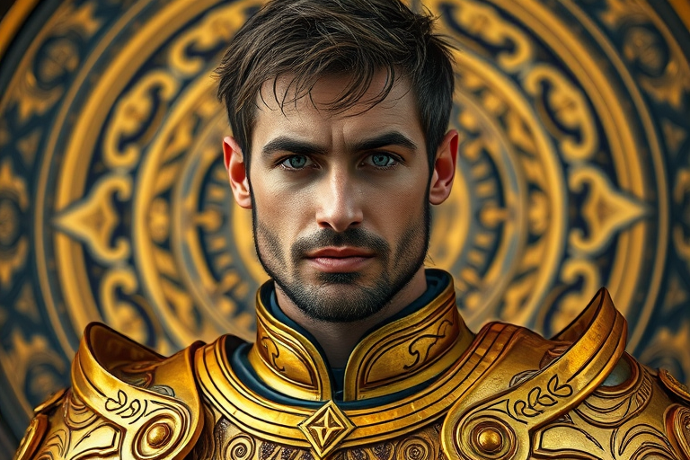 Portrait of a man in ornate golden armor with a detailed background featuring intricate circular patterns, captured with a DSLR camera at f/1.8, ISO 100, 50mm lens, natural lighting, shallow depth of field, emphasizing sharp details and vibrant colors.
