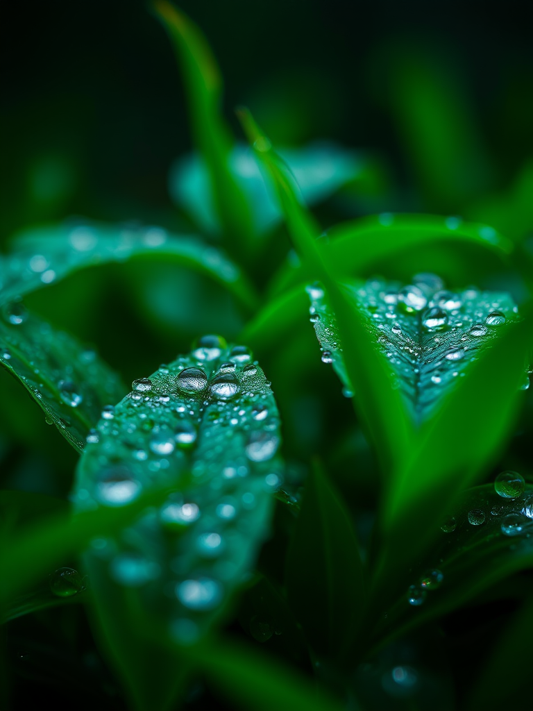 macro shot of dew-covered green leaves in low light conditions with a blurred background, aperture f/2.8, shutter speed 1/200s, ISO 100, 50mm lens, DSLR camera