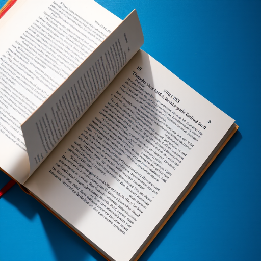 A high-resolution image of an open book lying flat on a blue surface, captured with a DSLR camera at a 35mm focal length, f/2.8 aperture, ISO 100, natural lighting, top-down view for sharp detail and vibrant colors.