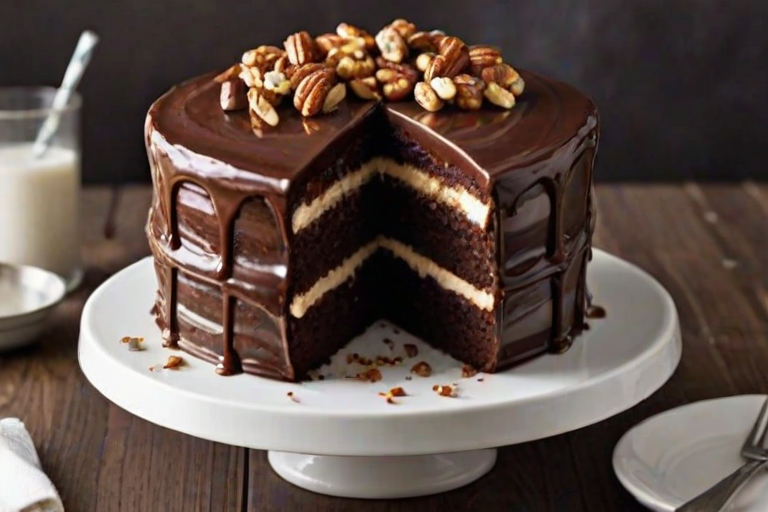 Create a rich chocolate layer cake with multiple layers, showcasing a cross-section that reveals a combination of dark chocolate cake, creamy frosting, and layers of caramel and nuts. The cake should be beautifully decorated on the outside with a glossy chocolate ganache and a sprinkle of chopped nuts on top.