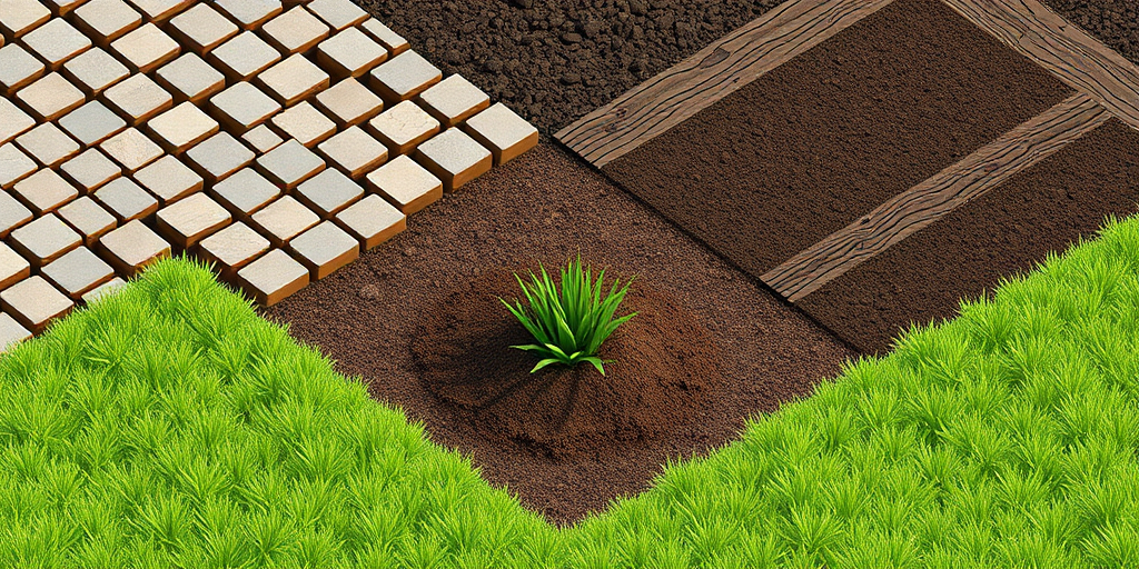 Create a detailed isometric illustration of diverse ground textures including checkerboard, cobblestone, wooden planks, soil with sprouting grass, and grass field in a grid layout, captured with a digital camera at f/8 aperture, ISO 200, 24mm focal length, and natural lighting for enhanced clarity and color vibrancy.