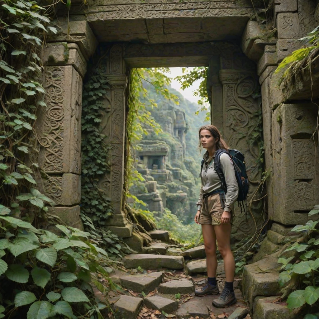 Overgrown ruins of an ancient temple, vines crawling up the stone walls, a woman in hiking gear explores the forgotten site, her eyes wide with wonder as she uncovers hidden carvings.