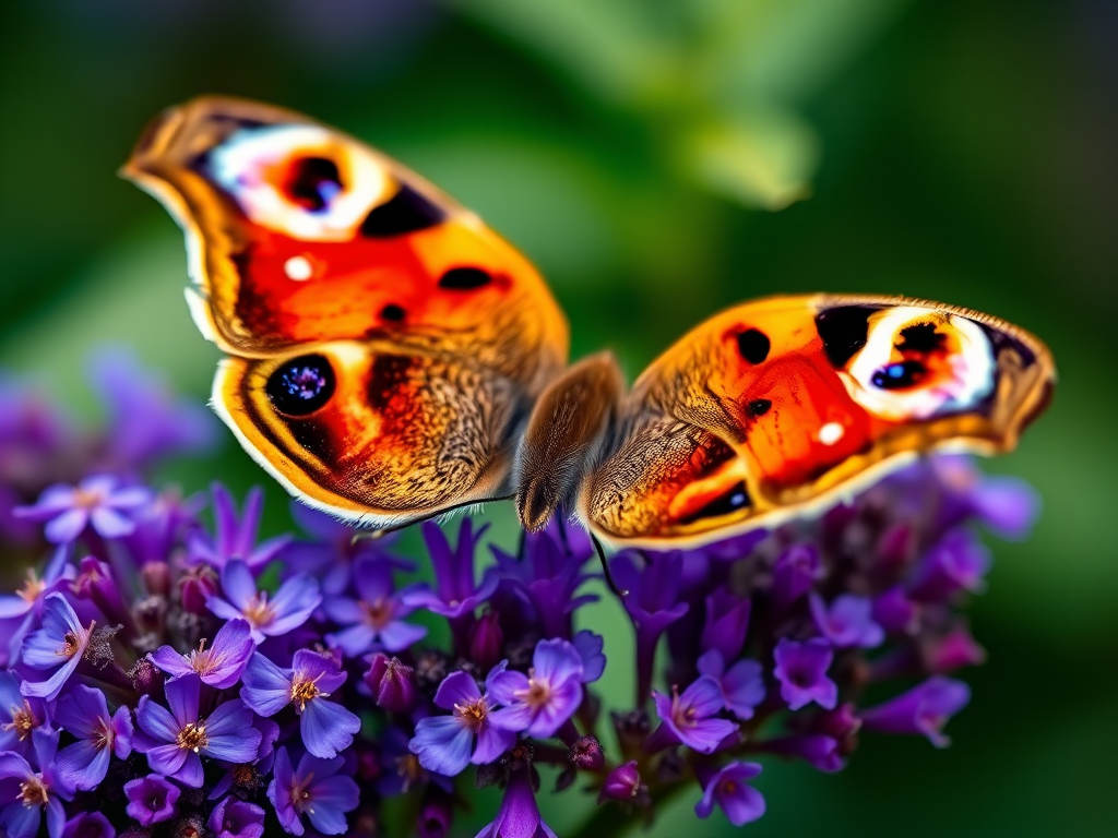 macro shot of a peacock butterfly on vibrant purple flowers with shallow depth of field, using a Canon EOS 5D Mark IV, 100mm f/2.8L macro lens, aperture f/4, ISO 200, shutter speed 1/200 sec, natural lighting, captured at eye level for detailed textures and colors