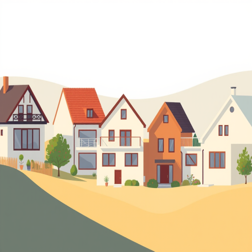 Create a high-quality illustration of nine uniquely designed houses in a minimalist style, using a digital drawing tablet, 300 DPI resolution, soft natural lighting, wide angle view, focus on vibrant contrasts and smooth lines.