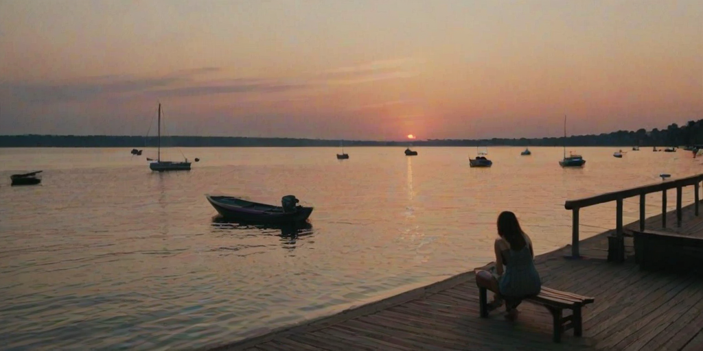 Quiet pier at dusk, boats gently rocking in the water, a woman in a sundress sits on a wooden bench, watching the last rays of the sun disappear beyond the horizon.