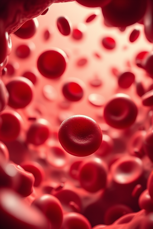 Create a highly detailed, high-resolution 3D rendering of red blood cells flowing through a blood vessel, using a Canon EOS R5 camera with an aperture of f/2.8, shutter speed of 1/125 sec, ISO 100, wide-angle lens, soft lighting to enhance depth and texture.
