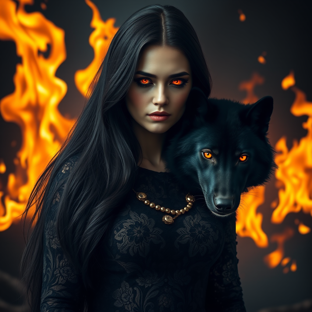 A woman with long dark hair, wearing a black lace dress that seamlessly blends into her skin with intricate floral patterns. She is in the foreground, with a black wolf beside her; its fur is midnight black, and it has glowing, intense, orange eyes that match hers. Her eyes are partially closed with burning embers above them, giving a fiery and mystical aura. The background is engulfed in tall, roaring flames, contributing to an overall dark and supernatural atmosphere. The colors are intense, predominantly black, fiery orange, and deep reds, with sharp contrast highlighting the mysterious and fierce theme. The flames are bright and dynamic, casting dramatic light and shadow, illuminating the woman and wolf while leaving parts in near darkness. The image evokes a sense of otherworldly power and connection between the woman and the wolf.