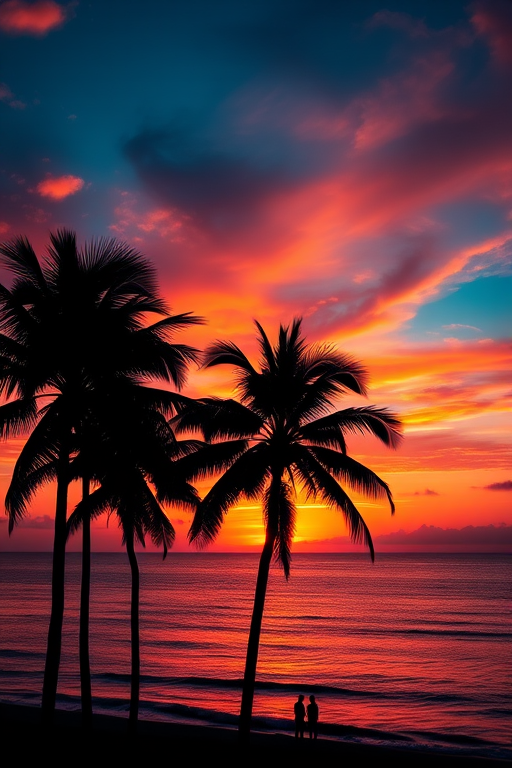 Create a vibrant sunset over a calm ocean with silhouettes of palm trees in the foreground, shot at f/8 aperture, 1/125 sec shutter speed, ISO 200, using a wide-angle lens on a DSLR camera.