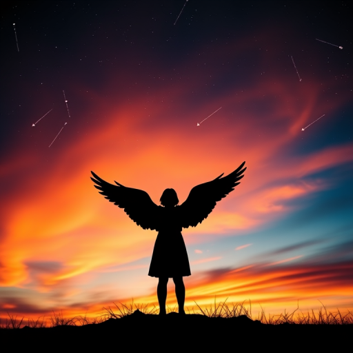 Create a silhouette of a figure with wings against a vibrant sunset sky featuring stars and shooting stars, using a DSLR camera with a 50mm lens, aperture set to f/1.8, ISO 200, and a low angle shot to enhance the dramatic effect.