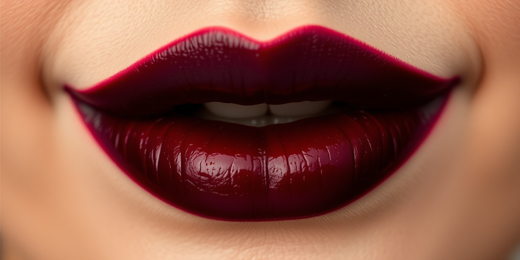 Sultry wine-stained lips showcase a deep burgundy center that fades to a softer hue at the edges, mimicking the look of sipping fine red wine