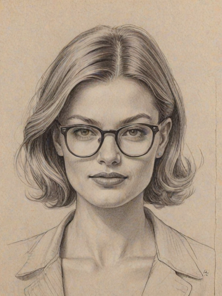 Appealing Ivana Milicevic, pencil sketch, portrait of Lovely woman 1947s in glasses, hair style beatnik, outline, clear lines, fine lines, 8k