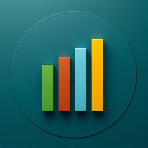 Create an image of a stylized bar graph with four bars in varying heights, colored green, light blue, brown, and yellow on a dark teal circular background, captured with a DSLR camera at f/2.8 aperture, 50mm lens, ISO 100, and a shallow depth of field for enhanced clarity.