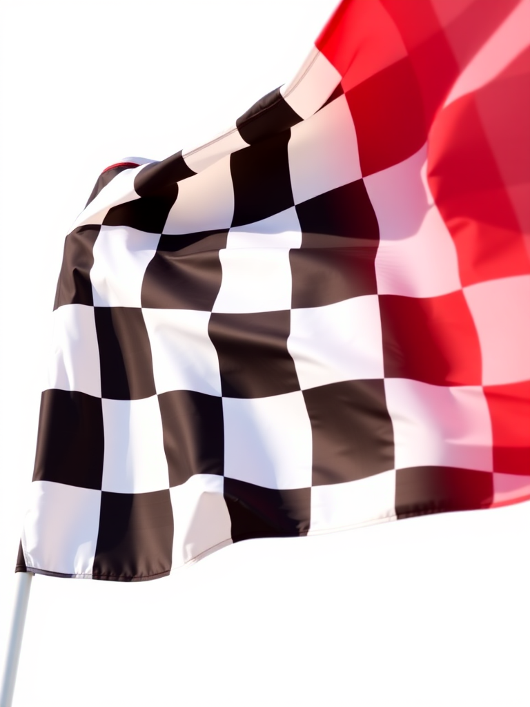 Create a high-resolution image of a waving checkered flag on a white background, using a DSLR camera with a 50mm lens, aperture set at f/2.8, ISO 100, shot in natural light.