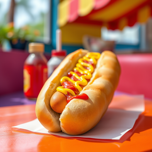 Create a high-resolution image of a hot dog with mustard and ketchup in a vibrant, colorful setting, using a DSLR camera with a 50mm lens, f/2.8 aperture, ISO 100, shot from a top-down perspective with bright, natural lighting.