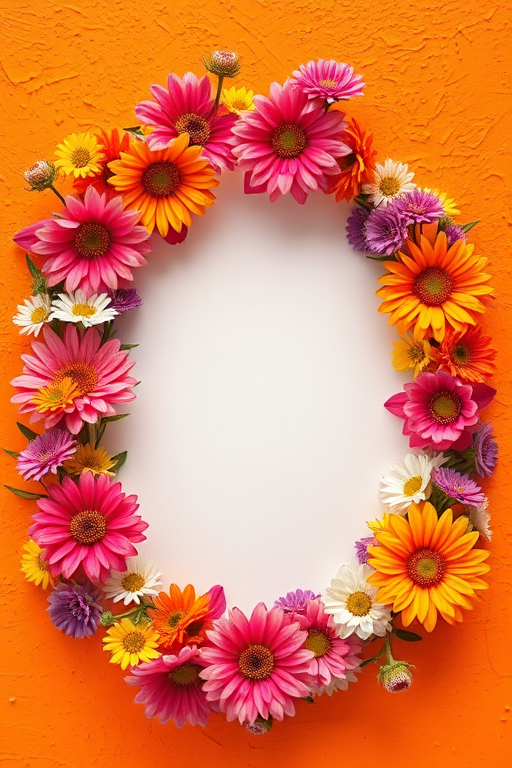 Create a vibrant floral frame with a blank white center on a textured orange background, using a Canon EOS R camera, 50mm lens, f/2.8 aperture, ISO 200, and a shallow depth of field for enhanced detail and color vibrancy, top-down view, natural light.