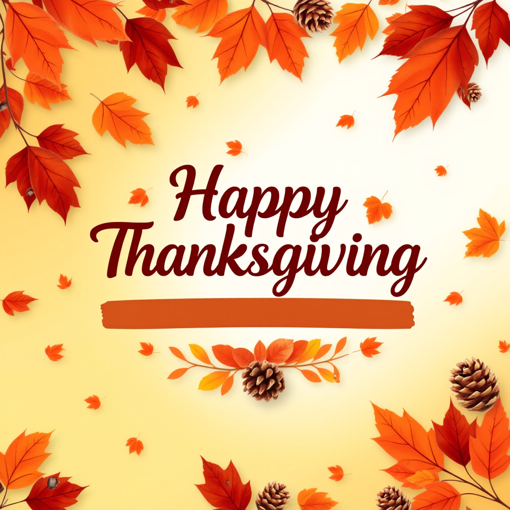 Create a warm and festive autumn-themed image with a gradient background of orange and yellow hues. Include a variety of falling leaves in shades of red, orange, and brown. In the center, display the text "Happy Thanksgiving" in a stylish and inviting font, using a dark brown color for contrast. Add subtle decorative elements like pine cones and additional leaves for a cozy, seasonal feel.