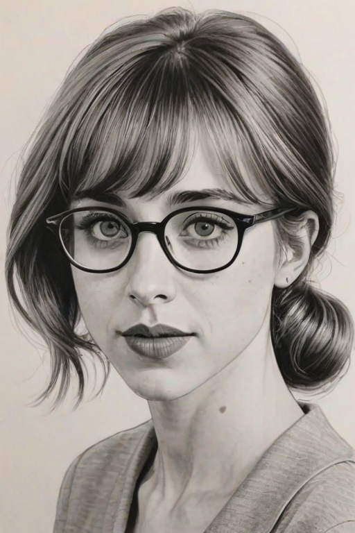 Superb Zoe Kazan, pencil sketch, portrait of Dazzling woman 1962s in glasses, hair style beatnik, outline, clear lines, fine lines, 8k