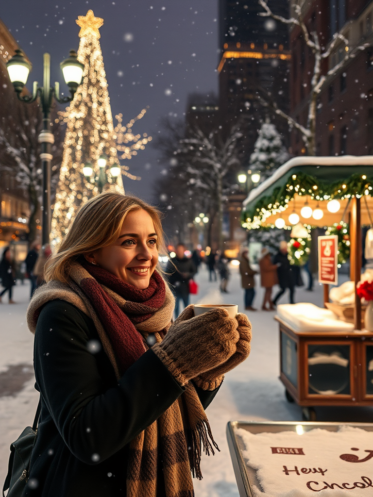Snow-covered city square at night, holiday lights twinkling in the trees, a woman in a scarf and mittens stands by a vendor's cart, holding a steaming cup of hot chocolate as the soft sound of carolers fills the air.