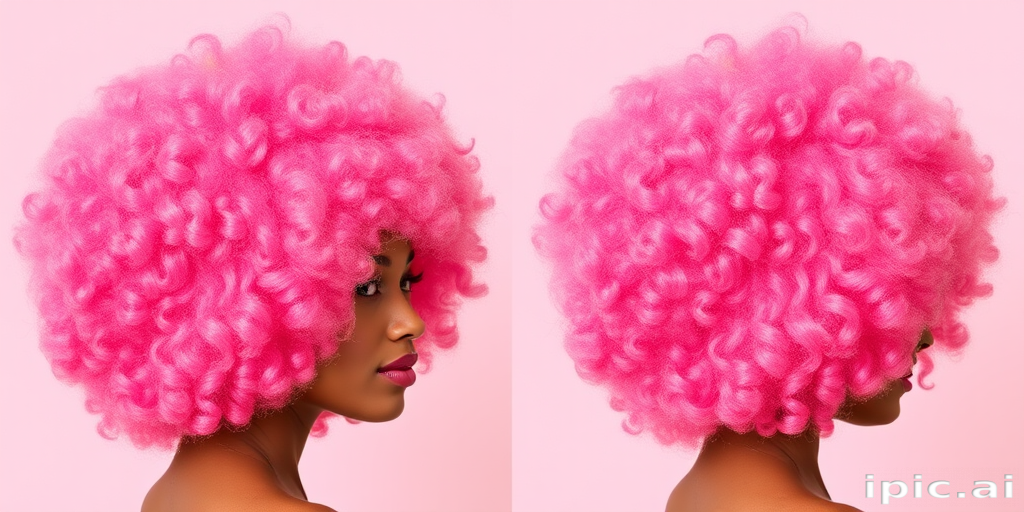 Bubblegum pink afro with rainbow-colored tips, named "Cotton Candy Dream" style, showcasing voluminous curls and a perfectly rounded shape