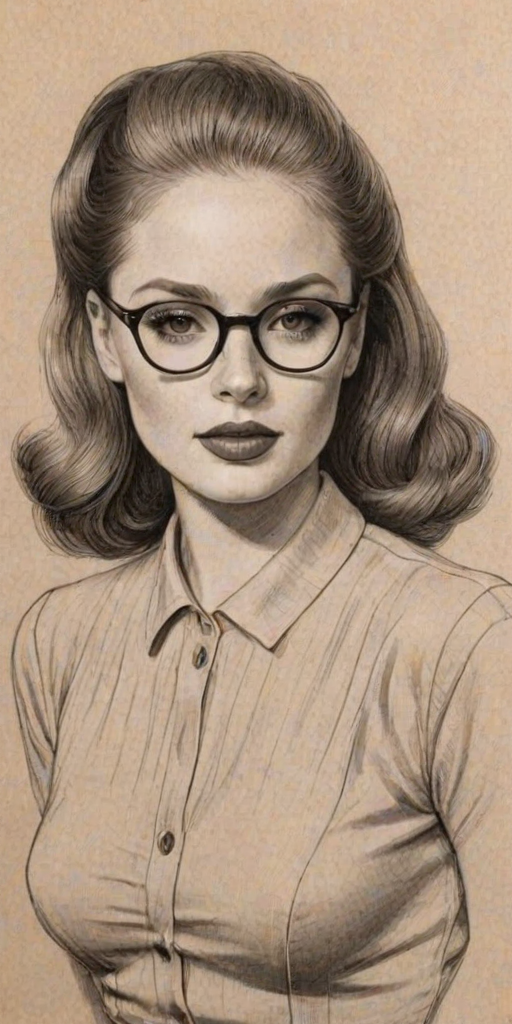 Beauteous Madelaine Petsch, pencil sketch, portrait of Enticing woman 1930s in glasses, hair style beatnik, outline, clear lines, fine lines, 8k