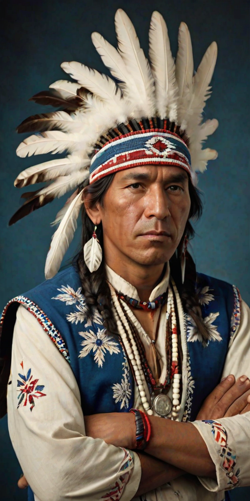 Create a dignified portrait of a Native American man dressed in traditional attire. He wears a beautifully crafted headdress adorned with white feathers and red beads, along with a beaded headband featuring intricate patterns. His clothing includes a deep blue, patterned shirt and a traditional chest piece with detailed beadwork. His arms are crossed, displaying leather armbands decorated with feathers. The background is simple and neutral, emphasizing his proud and stoic expression. The overall image captures the rich cultural heritage and strength of his persona.