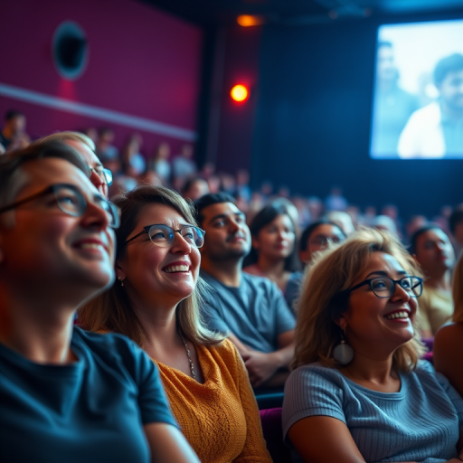 A vibrant and lively scene of a cinema audience with diverse people enjoying a movie, bright lighting from the projector, soft focus background, sharp foreground details, captured with a DSLR camera, aperture f/2.8, shutter speed 1/60, ISO 800, wide-angle lens, cinematic style.