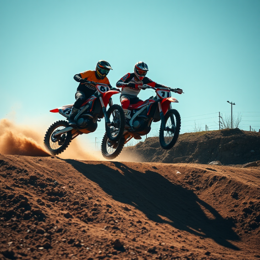 Capture an action shot of three motocross riders jumping over a dirt ramp, with a focus on dust particles being kicked up, using a DSLR camera with a 70-200mm lens, f/4 aperture, 1/1000 shutter speed, ISO 200, in a dynamic low-angle perspective for a dramatic effect.