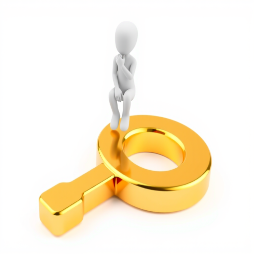 Generate an image of a 3D white figure sitting thoughtfully atop a large shiny golden question mark, with a clean white background, shot with a Canon EOS R5, aperture f/2.8, shutter speed 1/125s, ISO 100, using a macro lens for sharp detail and high resolution.