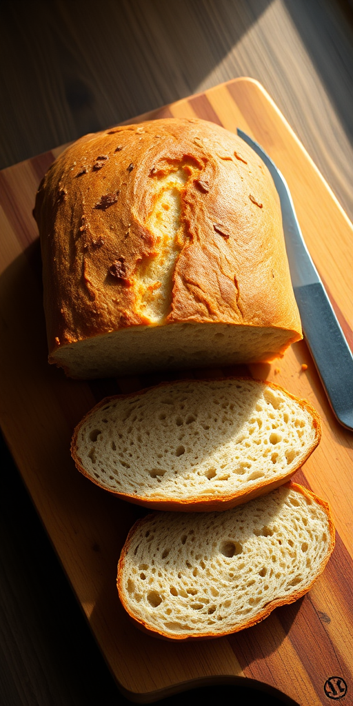 A fresh loaf of bread sliced on a wooden cutting board with a knife beside it, soft natural lighting from the side, camera settings ISO 200, aperture f/4, shutter speed 1/125, shot from a top-down view, using a DSLR camera with a 50mm lens.