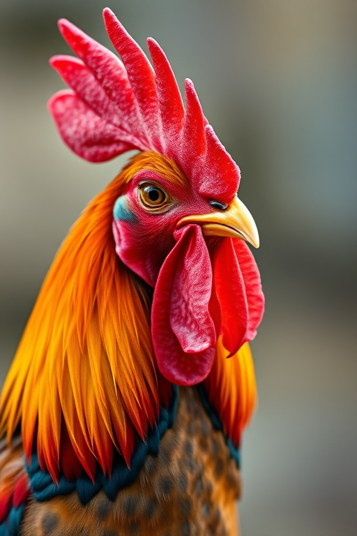 Regenerate a stylized rooster illustration with vibrant colors, using a Canon EOS R5 camera with a 50mm f/1.2 lens, settings at ISO 100, aperture f/2, and a soft focus background for enhanced depth.